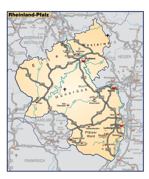 Rheinland-Pfalz Umgebungskarte orange — Stock vektor