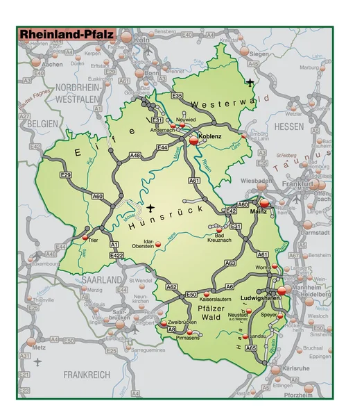 Rheinland-Pfalz Umgebungskarte gruen — Stock Vector