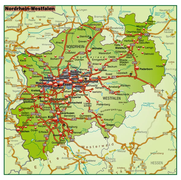 Bundesland Nordrhein Wesfalen Umgebungskarte bunt — Stock Vector