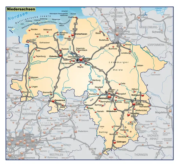 Niedersachsen-Karte orange — Stockvektor