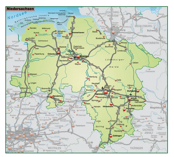 Niedersachsen Umgebungskarte gruen — Stockový vektor