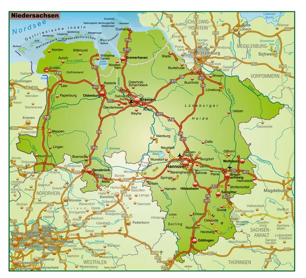 Niedersachsen Umgebungskarte bunt — Stok Vektör