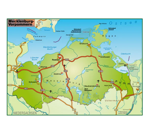 Mecklenburg-Vorpommern Umgebungskarte bunt — Stok Vektör
