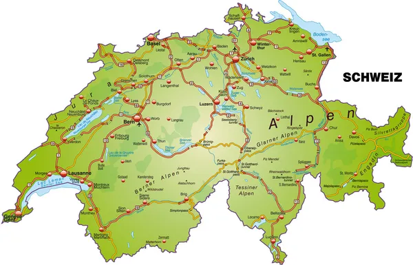 Mapa Szwajcarii z autostrad — Wektor stockowy