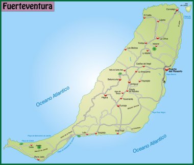 Map of Fuerteventura with highways and main cities clipart