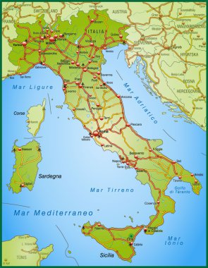 Map of Italy with highways and main cities clipart