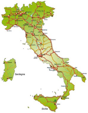 Map of Italy with highways and main cities clipart