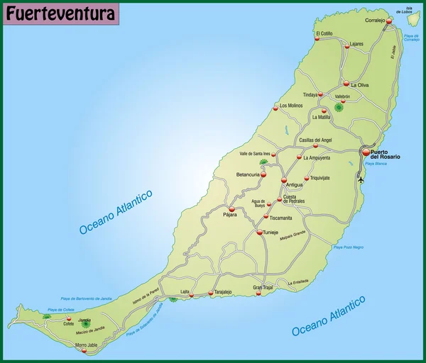 Mappa di Fuerteventura con le autostrade e le principali città — Vettoriale Stock