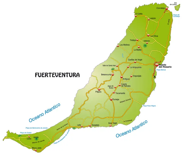 Mapa da Fuerteventura com rodovias — Vetor de Stock