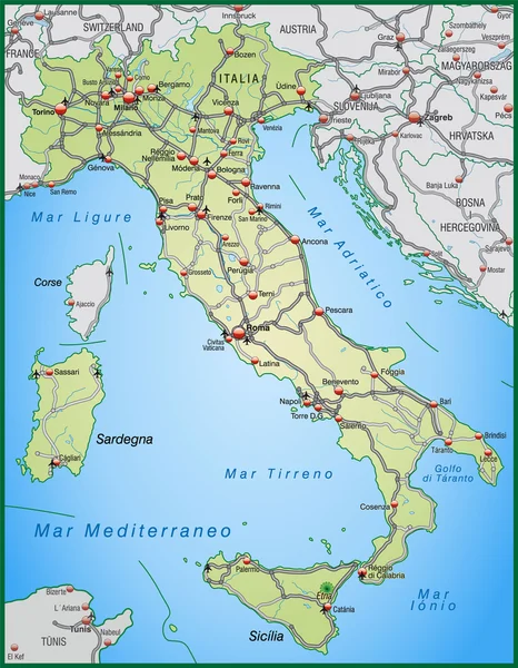 Mapa autostrady Włochy zielony — Wektor stockowy