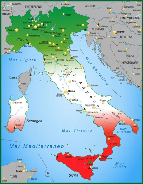 Mappa dell'Italia con colori nazionali — Vettoriale Stock