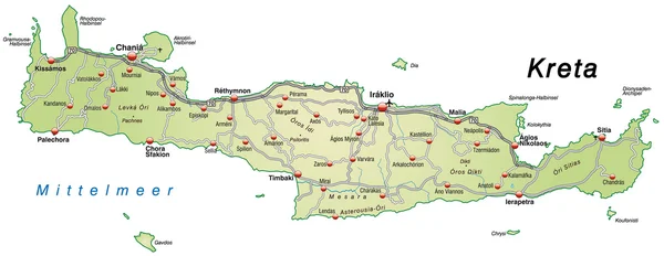 Carte de Crète avec autoroutes en vert — Image vectorielle