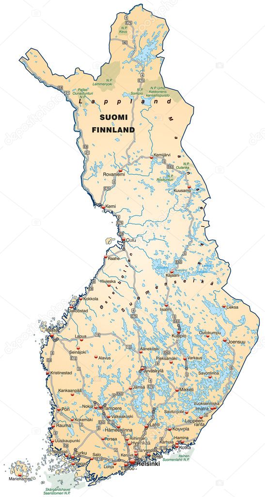 Map of Finland with highways