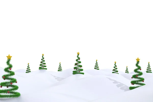 Weihnachtslandschaft mit schneebedeckten Hügeln und modernen Spiralbäumen — Stockfoto