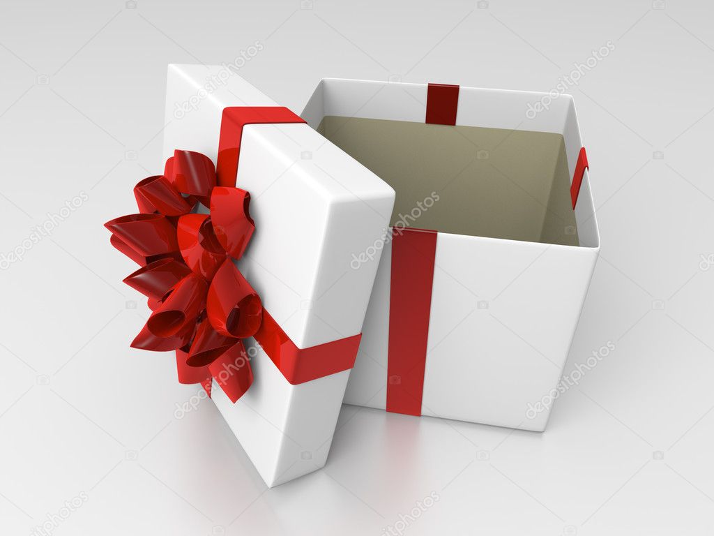 White opened giftbox with red ribbon