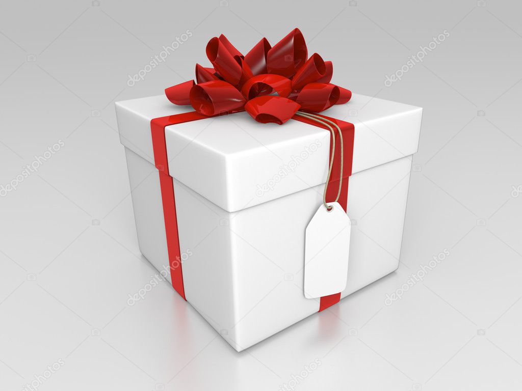 White giftbox with red ribbon and label