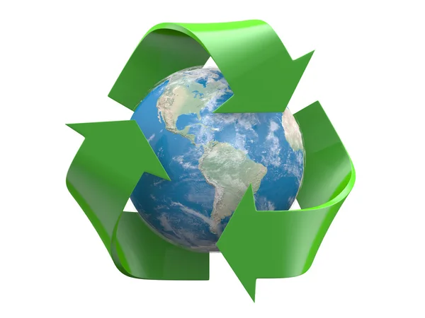 回收标志与地球地球内部隔离在白色背景上 图库图片