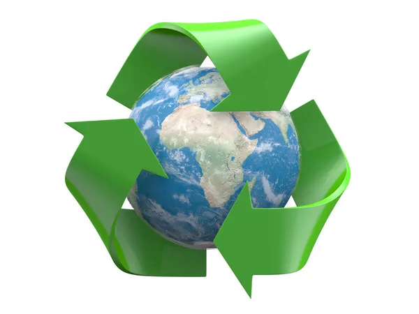 Recycle logotyp med jorden världen inuti isolerad på en vit bakgrund Stockbild