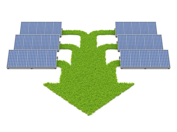 Солнечные панели, соединенные травяными дорожками — стоковое фото