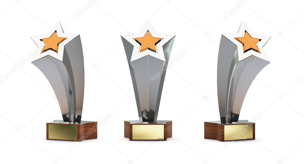 Star trophy with a golden plate for custom text isolated on whit