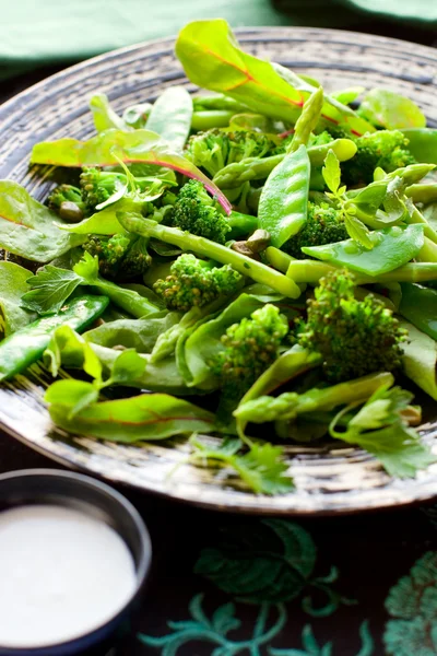 Sallad med broccoli; sparris, gröna ärter — Stockfoto