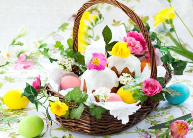 Paskalya yumurtaları ve kek sepeti