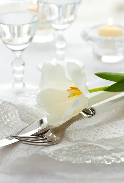 Platzgestaltung mit weißer Tulpe und Serviette — Stockfoto