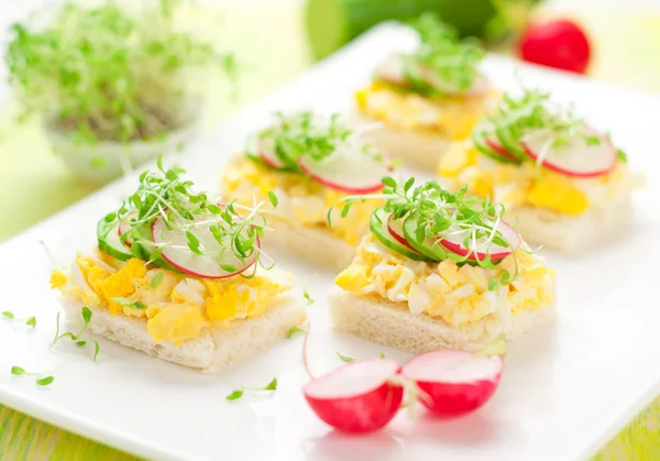 Canape with egg, cucumber, radishes and cress — Stock Photo, Image