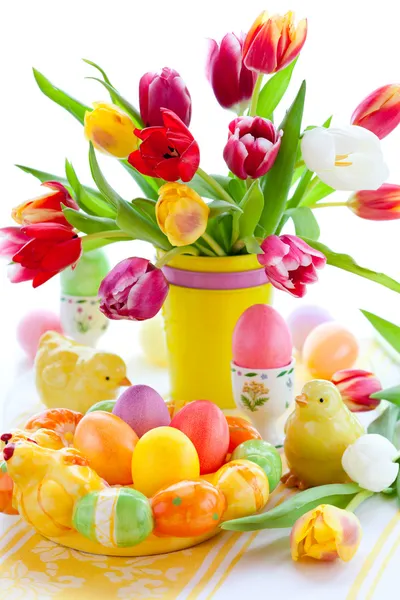 Tulips and easter eggs — Stock Photo, Image