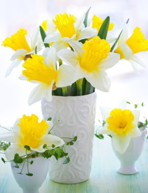 Narcissi in vase and eggcups clipart