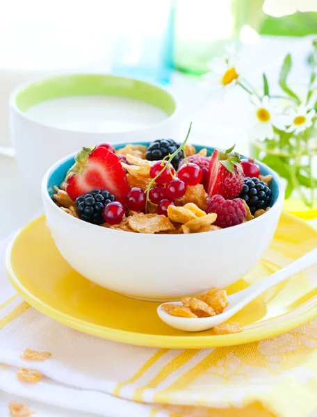 Corn flakes with fruits and milk — Stock Photo, Image