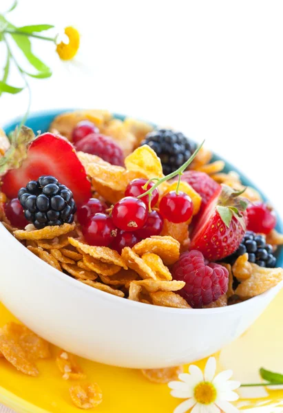 Corn flakes with fruits and milk — Stock Photo, Image