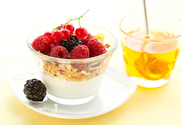 Yoghurt, muesli, bessen en honing — Stockfoto