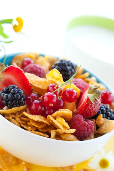 Cornflakes with milk and fruits — Stock Photo, Image