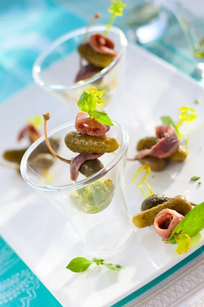 Appetizers on cocktail sticks — Stock Photo, Image