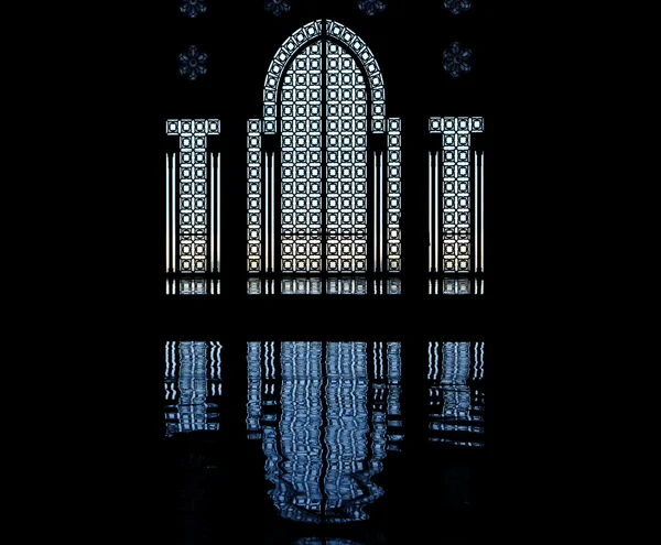 Sílhueta de mesquita e reflexão de porta e janela Fotos De Bancos De Imagens