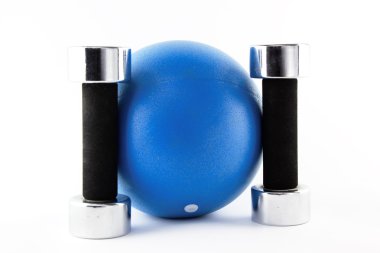 Blue fitness ball with silver hand weights standing straight clipart