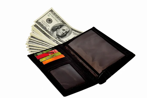 Carteira com dinheiro e cartões de crédito — Fotografia de Stock