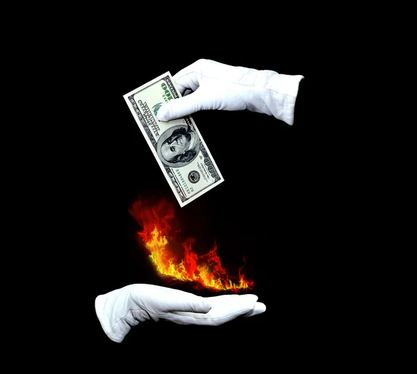 Trick with fire and money — Stock Photo, Image