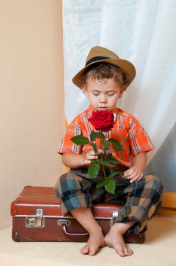 Cute little boy with the flower sitting on an old suitcase. He i clipart