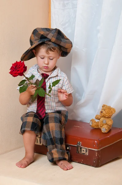 Cute little boy with the flower sitting on an old suitcase. He i — Stock Photo, Image