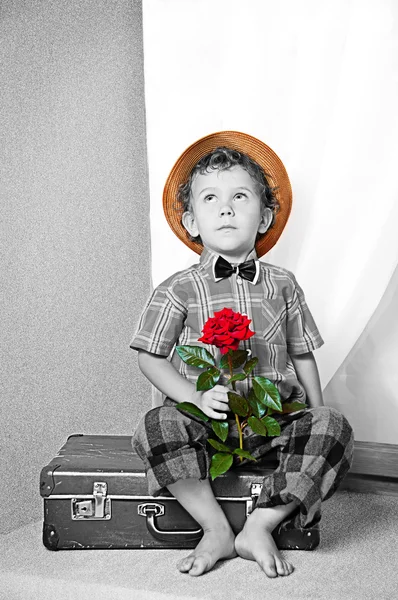 Eski bir bavula oturan çiçek şirin küçük çocuk. o ben — Stok fotoğraf