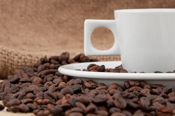 Secangkir kopi di latar belakang biji kopi — Stok Foto