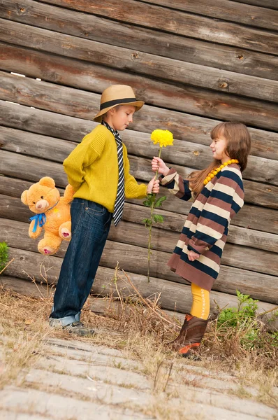 El chico con la chica de pie cerca de una cerca de madera . — Foto de Stock