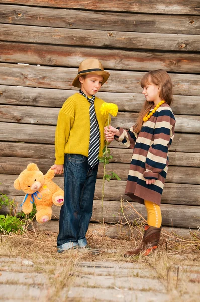 El chico con la chica de pie cerca de una cerca de madera . —  Fotos de Stock