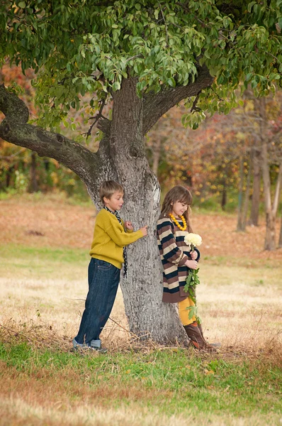 木の近くに立っている女の子を持つ少年. — ストック写真