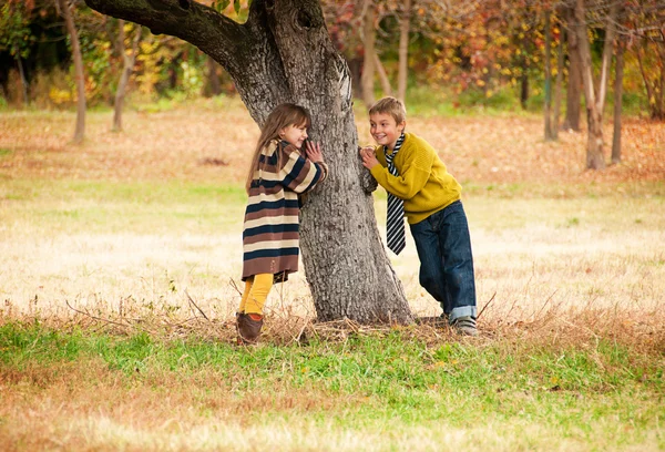 木の近くに立っている女の子を持つ少年. — ストック写真