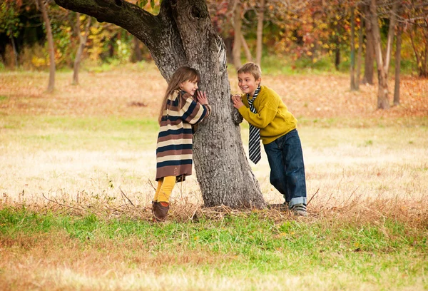 Il ragazzo con la ragazza in piedi vicino a un albero . — Foto Stock