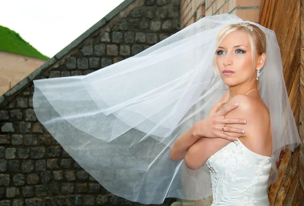 Una hermosa joven con un vestido de novia blanco . —  Fotos de Stock