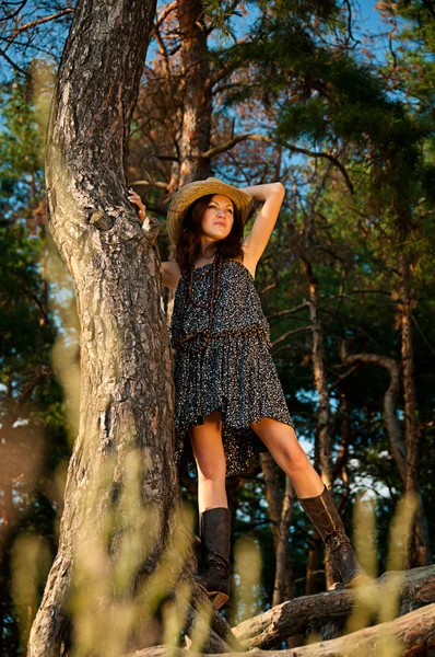 A young girl in the style of the country against the backdrop of — Stock Photo, Image